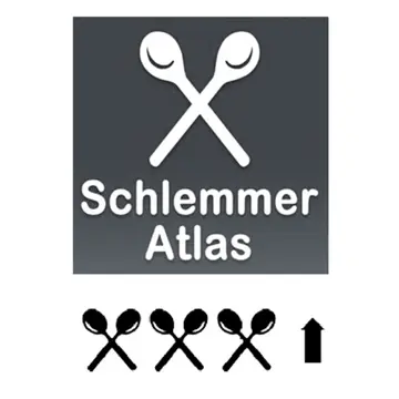 Logo von „Lanhdaus Scherrer“, einem Restaurantführer, mit gekreuzten Löffeln über dem Text und einem darunter angegebenen Löffel-Bewertungssystem. - Ihr Landhaus Scherrer aus Hamburg