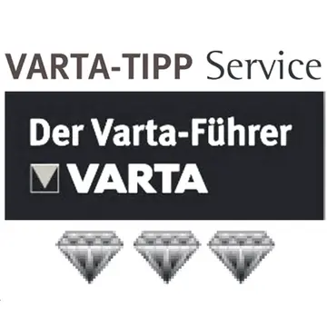 Das Bild zeigt das Logo des Varta-Tipp-Dienstes mit dem Text „der Varta-Führer“ zusammen mit dem Markennamen Varta und drei Diamantsymbolen, die eine Bewertung oder Qualität anzeigen. - Ihr Landhaus Scherrer aus Hamburg