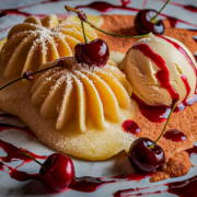 Ein Dessertteller mit kunstvoll arrangierten Birnenhälften, garniert mit Puderzucker, einer Kugel Vanilleeis, frischen Kirschen mit Stiel und einem Spritzer roter Beerensauce auf einer weißen Oberfläche mit braunen Akzenten. Die Präsentation ist lebendig und elegant, perfekt, um die Aufregung von EM2024 zu feiern. - Ihr Landhaus Scherrer aus Hamburg